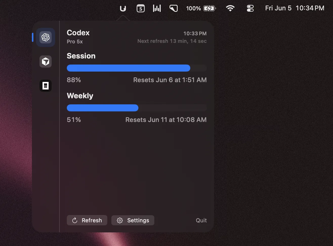 ubos menu bar popover showing AI usage cards
